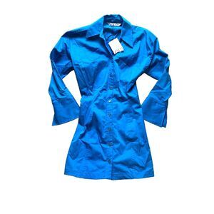 ZARA Dress Womens Extra Small Teal Blue Button Down Collared Shirt Stretch NWT‎